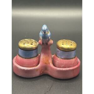 Miniature Salt And Pepper Shaker With Holder Bluebird Vintage Pink Blue
